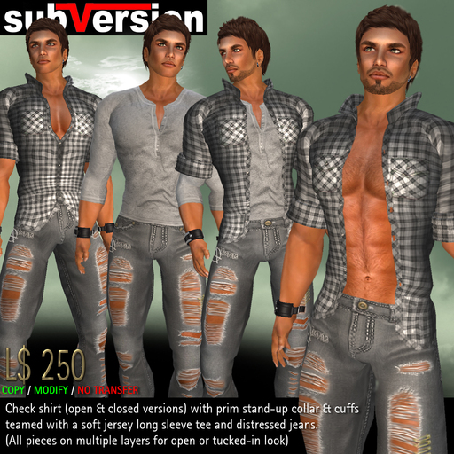 subVersion - 2 Grey Check Shirts with Faded Henley Tee and Jeans