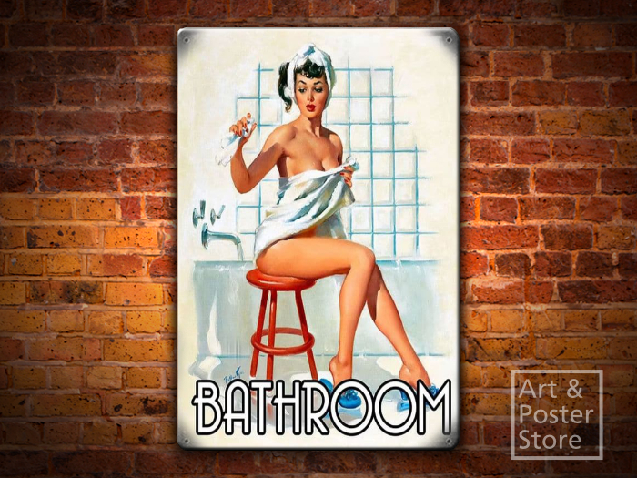 BATHROOM Cheeky Sexy Pin Up Poster | Rusty Metal Style Wall Sign 