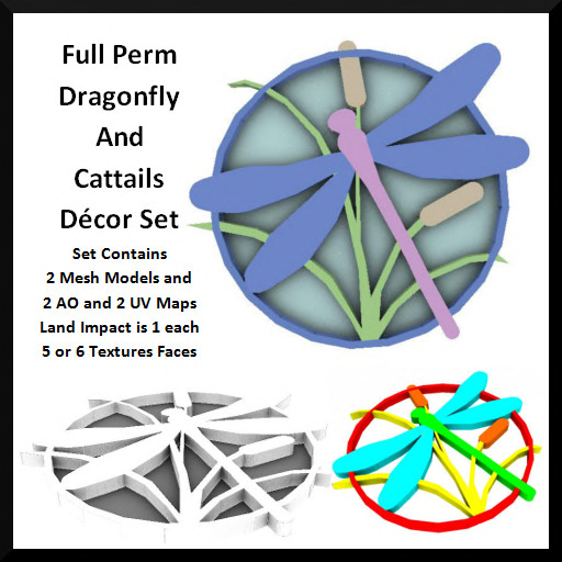 Full Perm Dragonfly and Cattails Decor Set