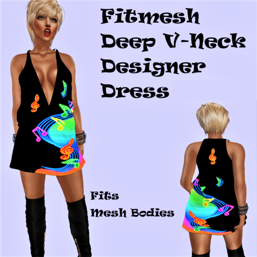 COLORFUL MUSIC DESIGNER DRESS Deep V-Neck Fitmesh, Fits Mesh Avatars