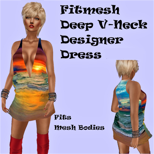 COLORFUL SHORE BEACH SCENE DESIGNER DRESS Deep V-Neck Fitmesh, Fits Mesh Avatars
