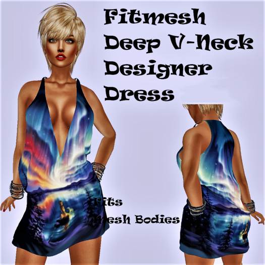 ENCHANTED LAKE ART PRINT DESIGNER DRESS Deep V-Neck Fitmesh, Fits Mesh Avatars
