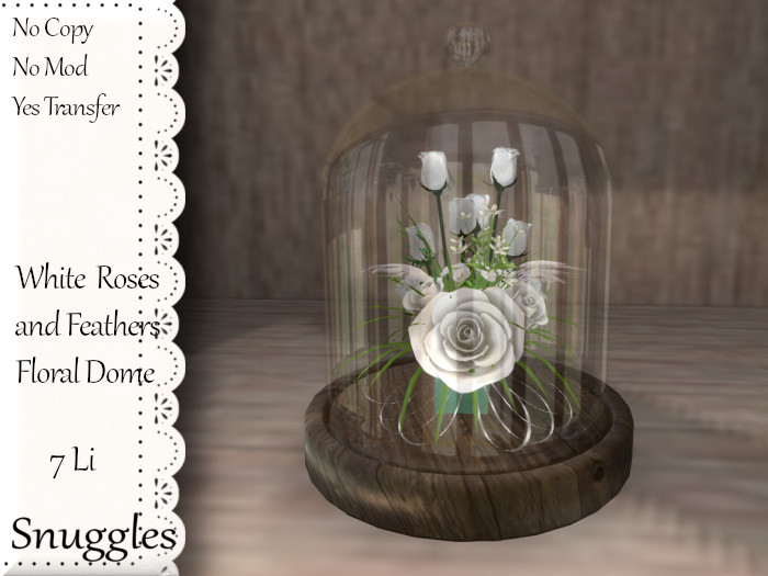 White  Roses and Feathers Floral Dome By Snuggles