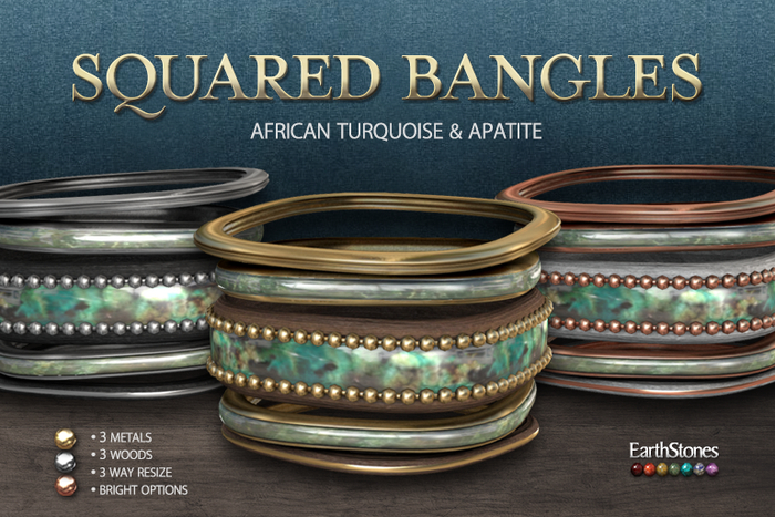 EarthStones Squared Bangle Set ~ African Turquoise/Apetite
