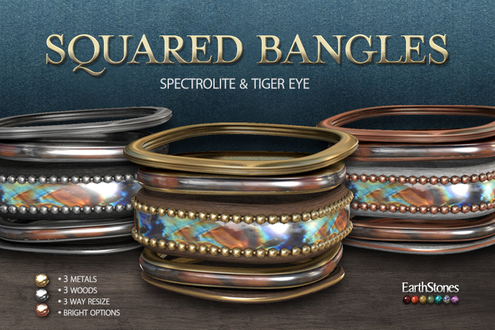 EarthStones Squared Bangle Set ~ Spectrolite/TigerEye