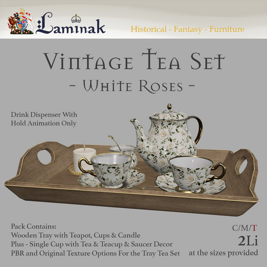 Laminak - Vintage Tea Set and Tray - White Roses