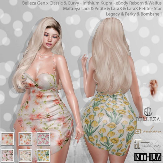 Elyse Dress Floral Fatpack: Belleza Gen.X - Inithium Kupra - eBody Reborn & Waifu - Maitreya LaraX - Legacy Perky Bomb