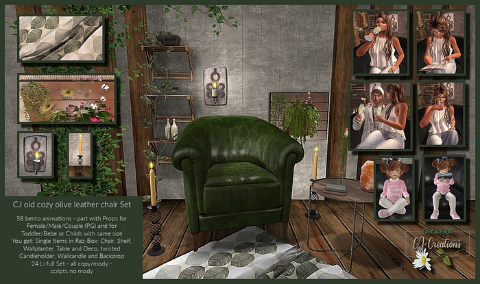 CJ old cozy olive leather chair Set