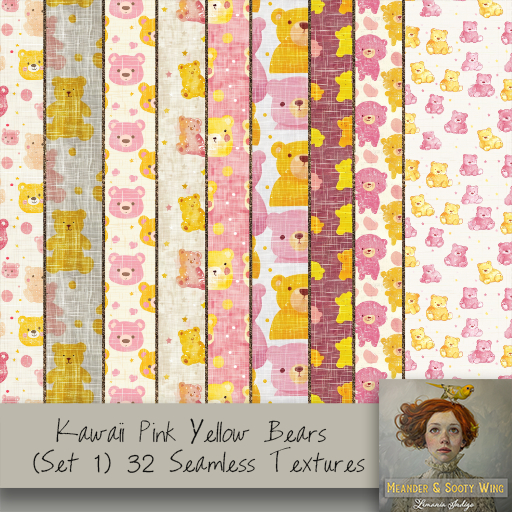 M/M (k) Kawaii Pink Yellow Bears (Set 1) (32)  Seamless Textures