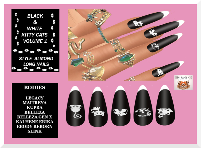 BLACK & WHITE KITTY CATS VOL 1 Almond Long Nails