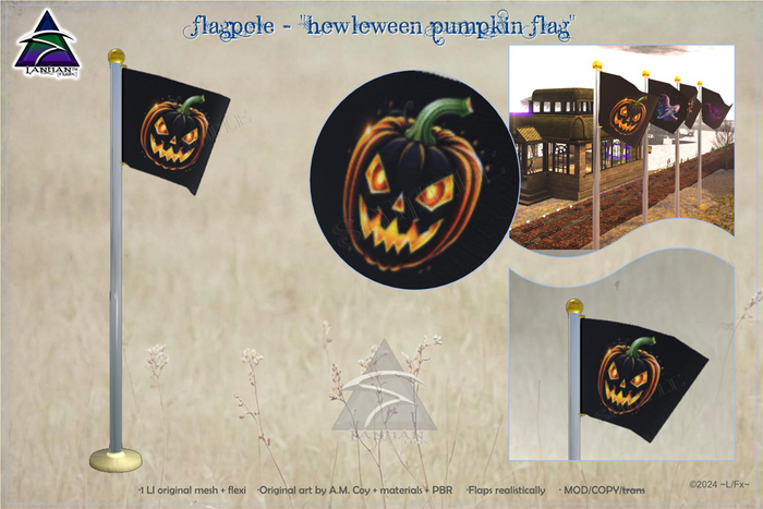 ~L/Fx~Flagpole with Waving Flag: Howloween Pumpkin (PBR!)