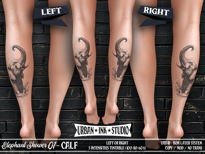 ..:UIS:.. Calf Tattoo - Elephant Shower 01 BW