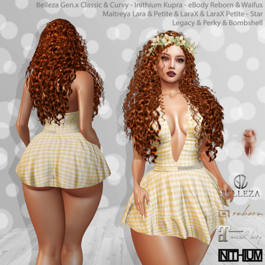 Ginger Gingham Dress Yellow: Belleza Gen.X - Inithium Kupra - eBody Reborn & Waifu - Maitreya LaraX - Legacy Perky Bombs