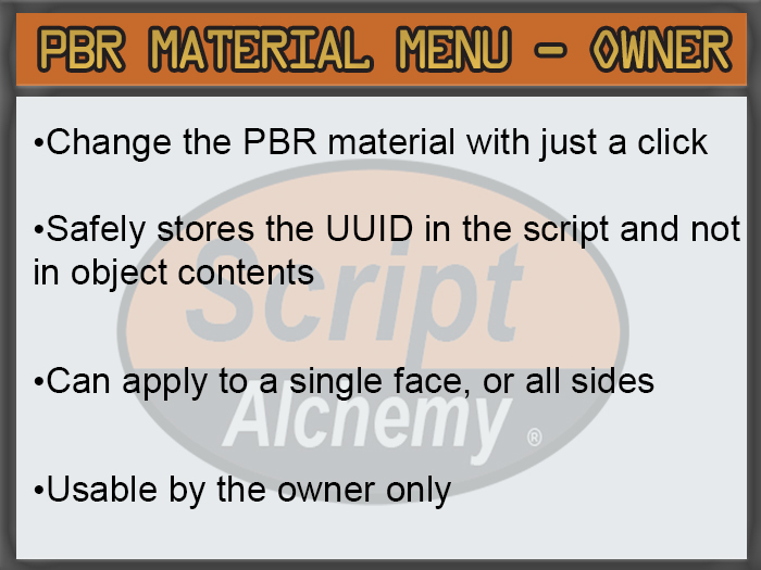 Script Alchemy - PBR Material Changer menu - owner only