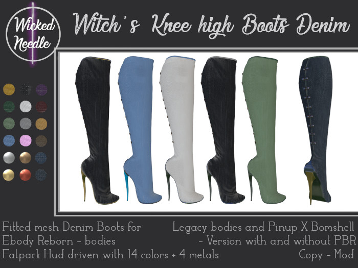 ~W-N~ Witch's Knees high boots Denim + PBR