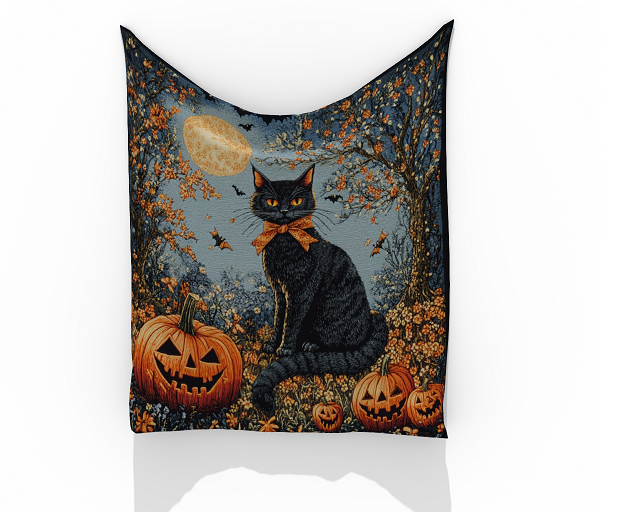 Halloween Tapestry Cat with Pumpkin and Trees ~ One of a kind Design by Valerie