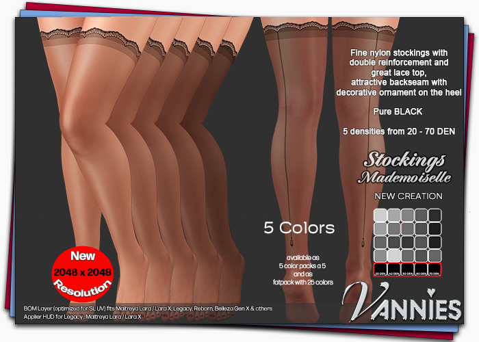 2k VANNIES NEW Stockings Mademoiselle PURE BLACK /  21-25 (BOM & Applier HUDs)