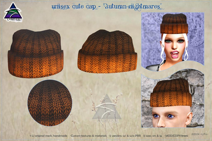 ~L/Fx~Unisex Cute Cap - "Autumn Nightmares" (black/orange) 2 sizes, PBR or not!