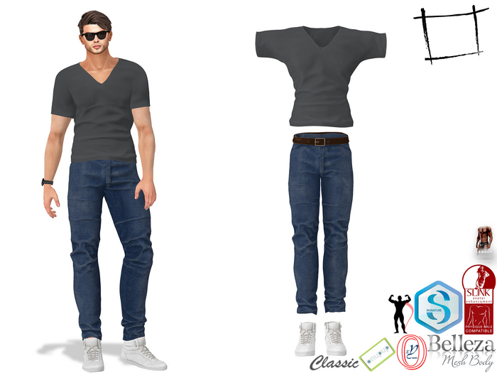 Men's V Neck Tshirt Jeans White Shoes Outfit Slink Male, Belleza Jake, Signature Gianni, Ocacin Gamit, Legacy Male