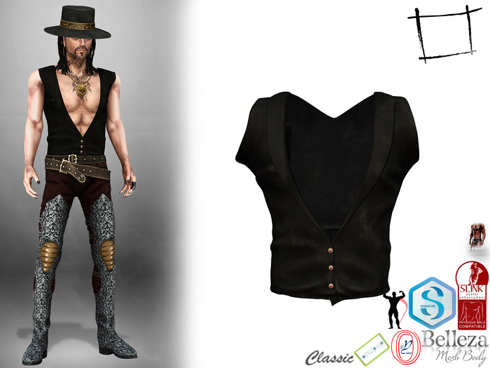 Full Perm Men's Black Deep Open Front Sleeveless Vest Top Slink Male, Belleza Jake, Signature Gianni, Legacy Male