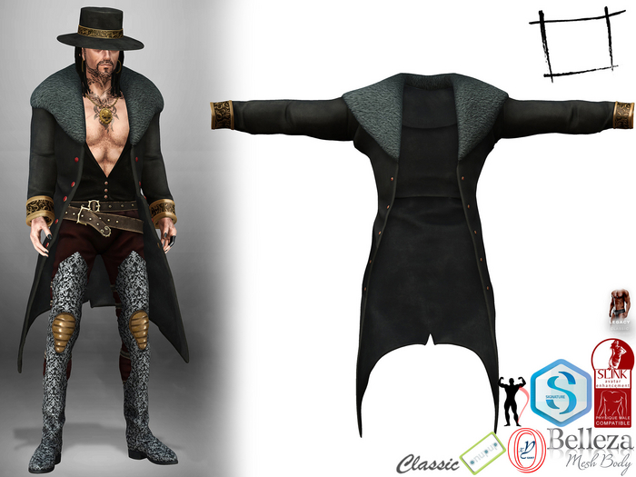 Full Perm Open Front Fur Neck Black Gaban Long Coat Jacket Slink Male, Belleza Jake, Signature Gianni, Legacy Male