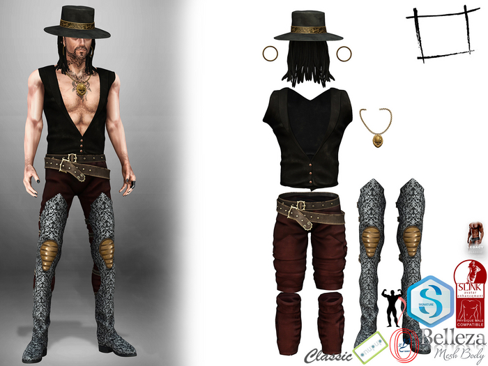 Hat+Hair+Top+Coat+Belts+Pants+Boots+Necklace+Earings Outfit Slink Male, Belleza Jake, Signature Gianni, Legacy Male