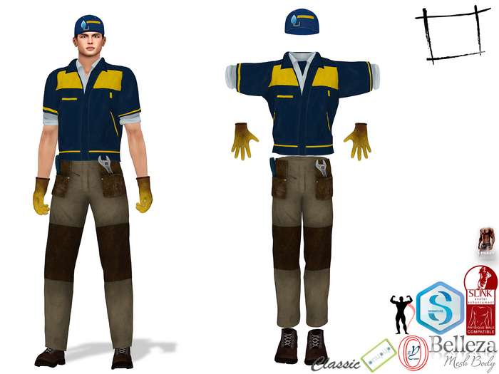 Men's Mechanic Outfit Gloves Jacket Shirt Cap Pants Boots Slink Male, Belleza Jake, Signature Gianni, Legacy Male
