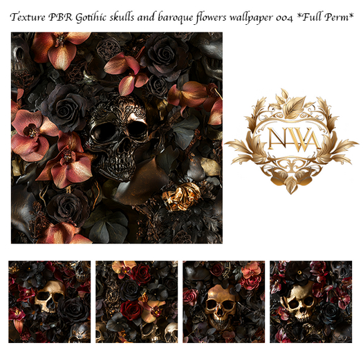 5pc PBR Gothic skulls and baroque flowers wallpaper texture seamless *Full Perm* 004