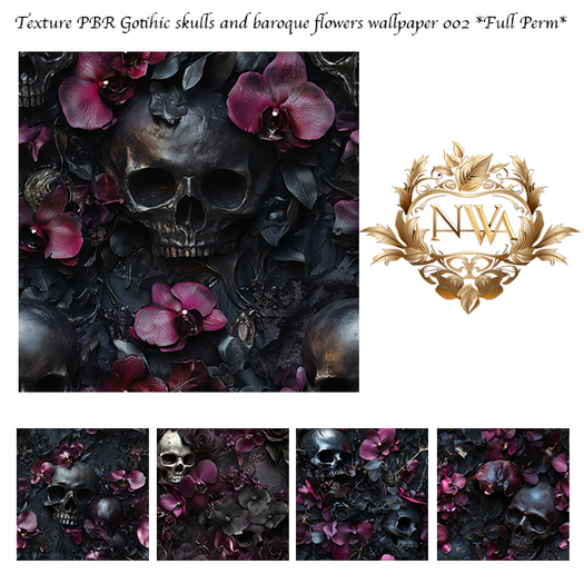 5pc PBR Gothic skulls and baroque flowers wallpaper texture seamless *Full Perm* 002
