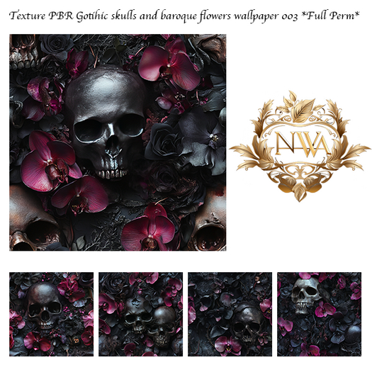 5pc PBR Gothic skulls and baroque flowers wallpaper texture seamless *Full Perm* 003