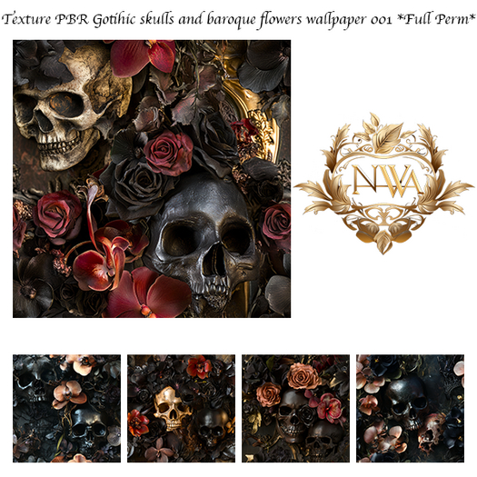 5pc PBR Gothic skulls and baroque flowers wallpaper texture seamless *Full Perm* 001