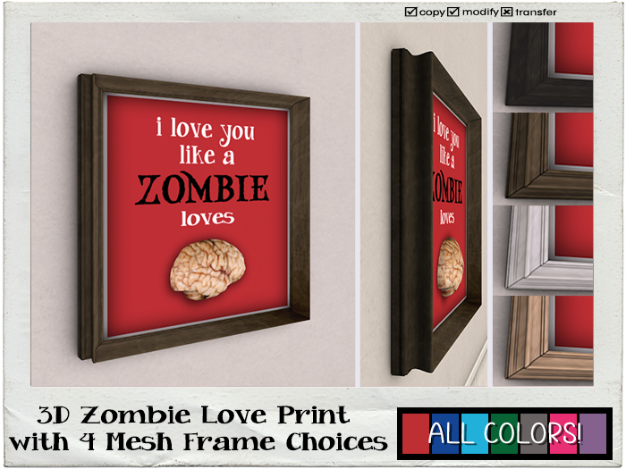 3D Zombie Love Print w/ 4 Mesh Frame Choices - Grey