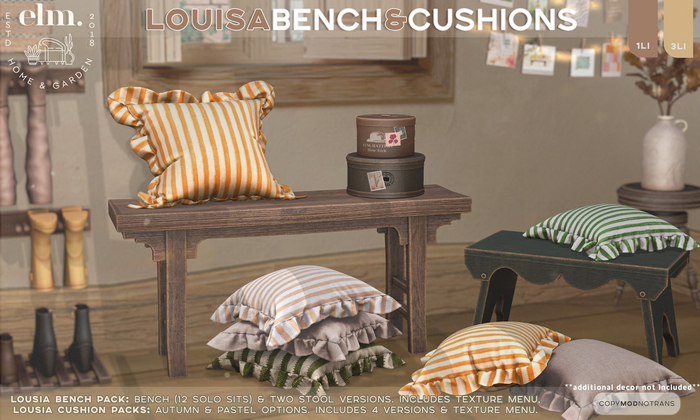Elm. Louisa Bench & Cushions .fatpack.
