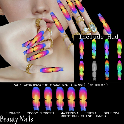 BN - Nails Coffin - Multicolor Neon / Hud # 2 Options Shine