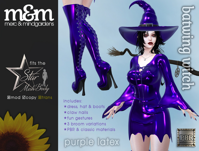 Batwing Witch Costume PBR Violet - Star Mesh Body