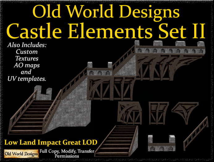 Old World Designs Castle Elements Set v2. Stairs Walkways Battlements Full Perm Builders Set