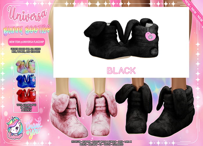 #UNIVERSA - Bunni Booties - BLACK Inithium- Reborn- Legacy- Jake- LaraX- Peach- BBL/BBW- TD- Youth- Lullabees