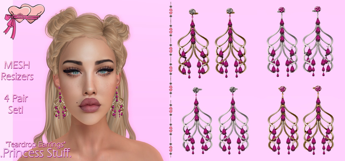.Princess Stuff.[Teardrops Earrings] Pink Stone Set!