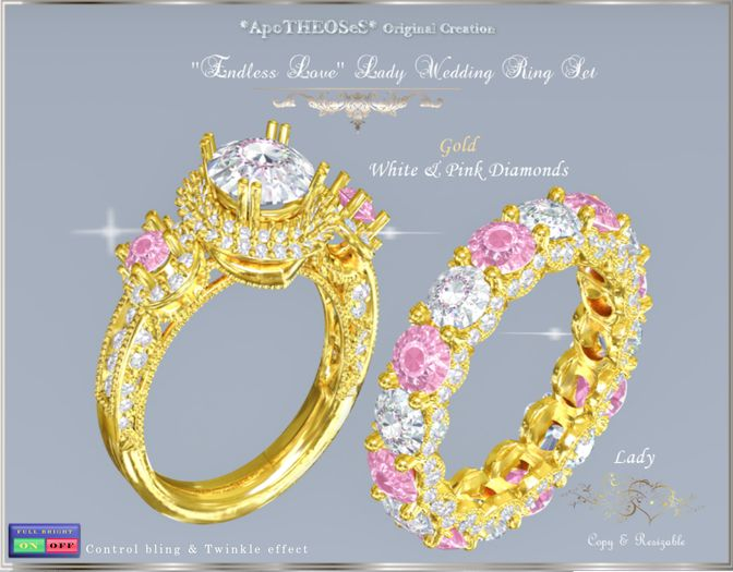  ''Endless Love'' Gold Wedd Ring Set White & Pink