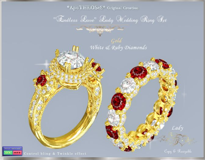 ''Endless Love'' Gold Wedding Ring Set White & Ruby