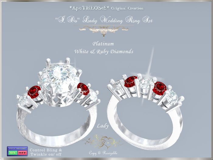 Platinum ''I Do'' Lady Wedd Ring Set Whte/Ruby Diamonds