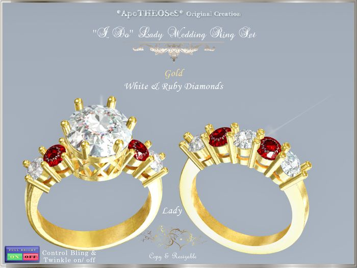 Gold ''I Do'' Lady Wedd Ring Set Whte/Ruby Diamonds