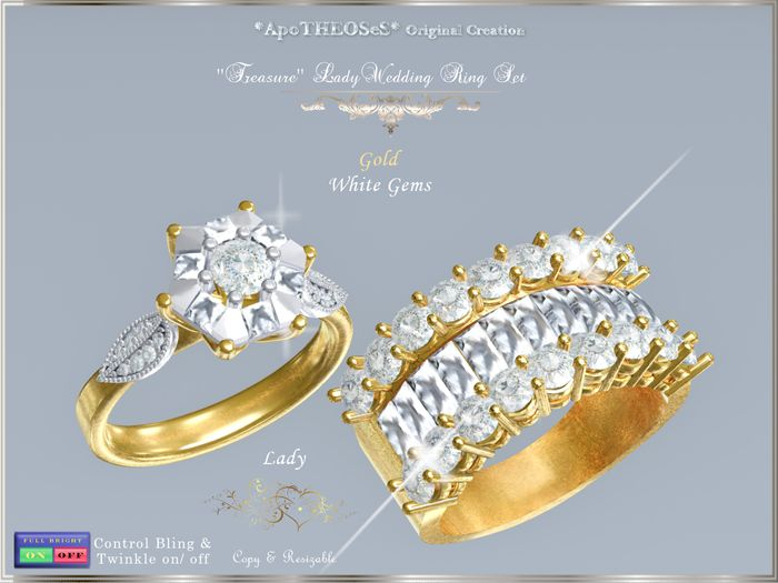  ''Treasure'' Gold Lady Wedding Ring Set White Gems