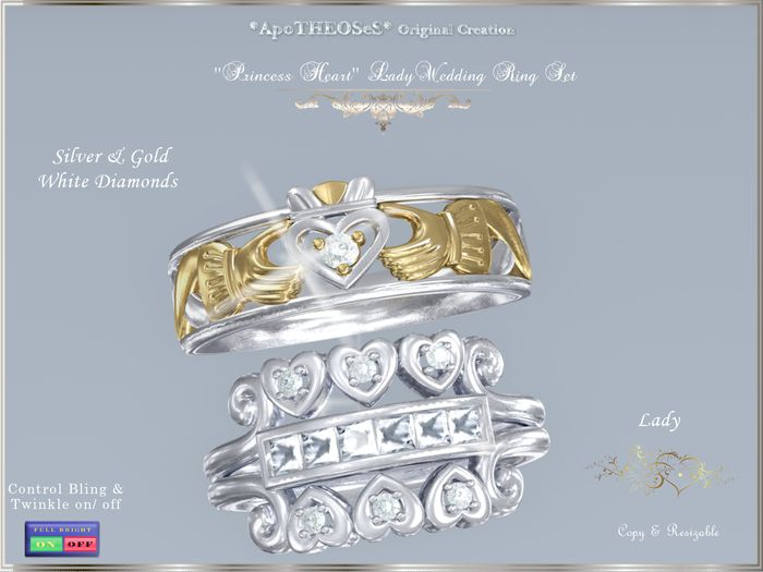''Princess Heart'' Silver /Gold Lady Wedding Ring Set