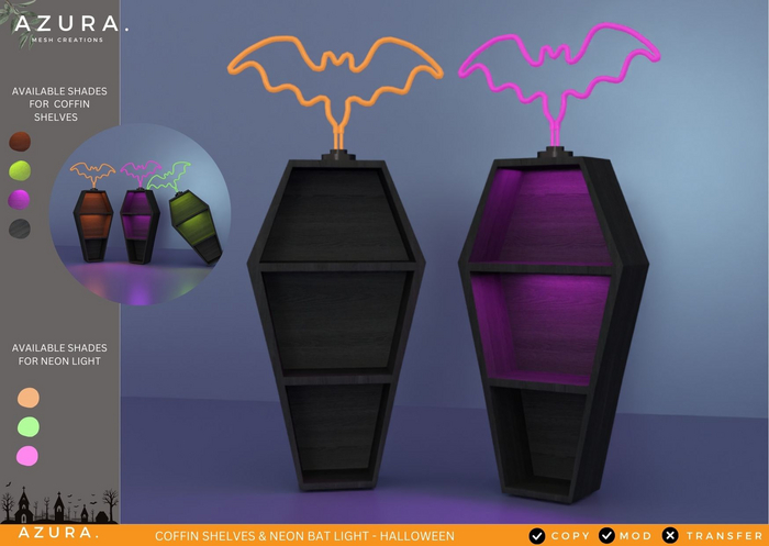 AZURA ::: COFFIN SHELVES & NEON BAT LIGHT - HALLOWEEN DECOR