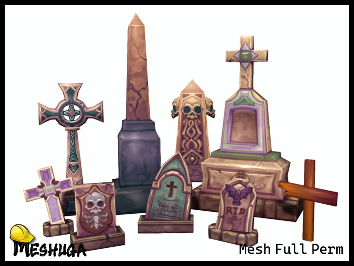 Meshuga Kawaii Halloween Gravestone Pack FULL PERM MESH