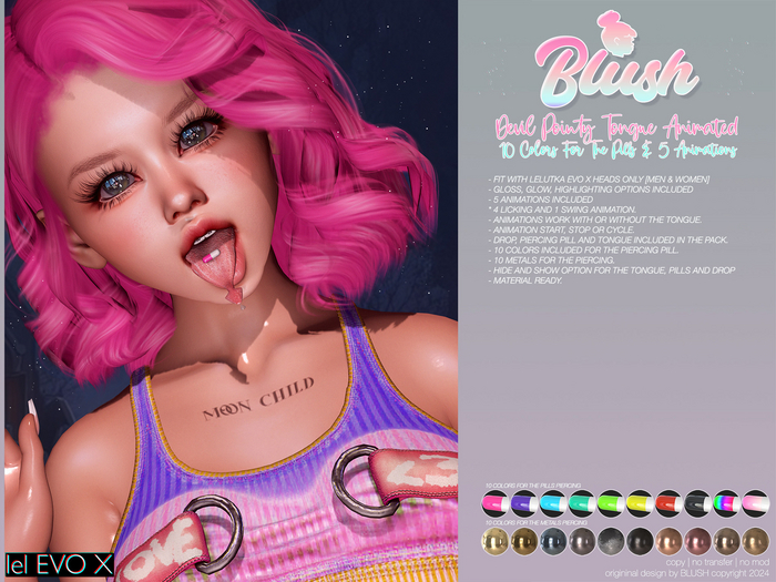 BLUSH - Devil Pointy Tongue / 5 Animations and Piercing Pill