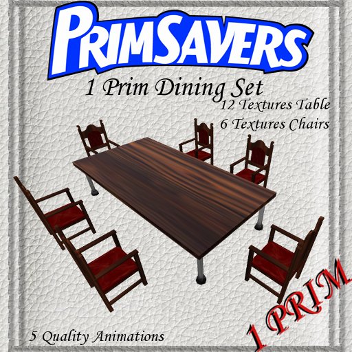 PrimSavers - 1 Prim Rectangular Dining/Kitchen Table + 6 Chairs Medieval Short - 12 Textures