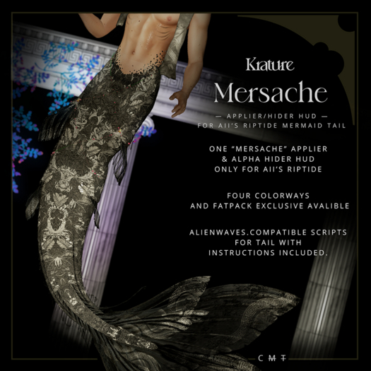 ((Krature)) - Mersache - Mermaid Tail Riptide Applier HUD - Silver Floral
