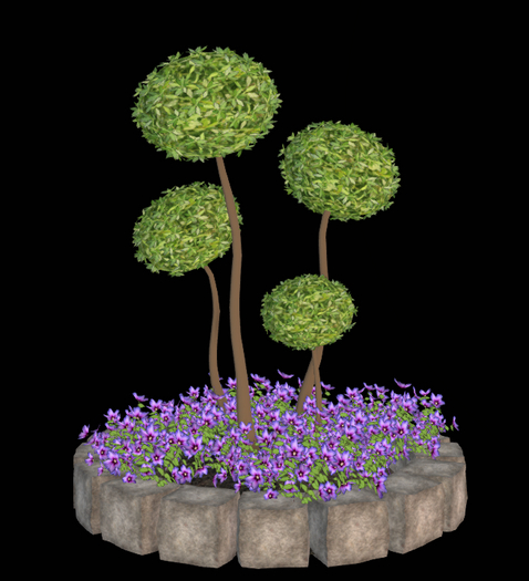 Small Topiary Trees with flowers in the flowerbed.